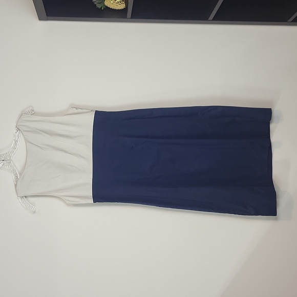 BODEN Navy Cream Sheath Long Length Midi Dress with Large Beaded Neckline (Tall) - Picture 8 of 14